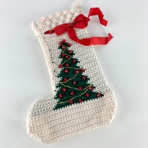 Vintage Handmade Crocheted Christmas Stocking Tree Green White Red Sequins Retro
